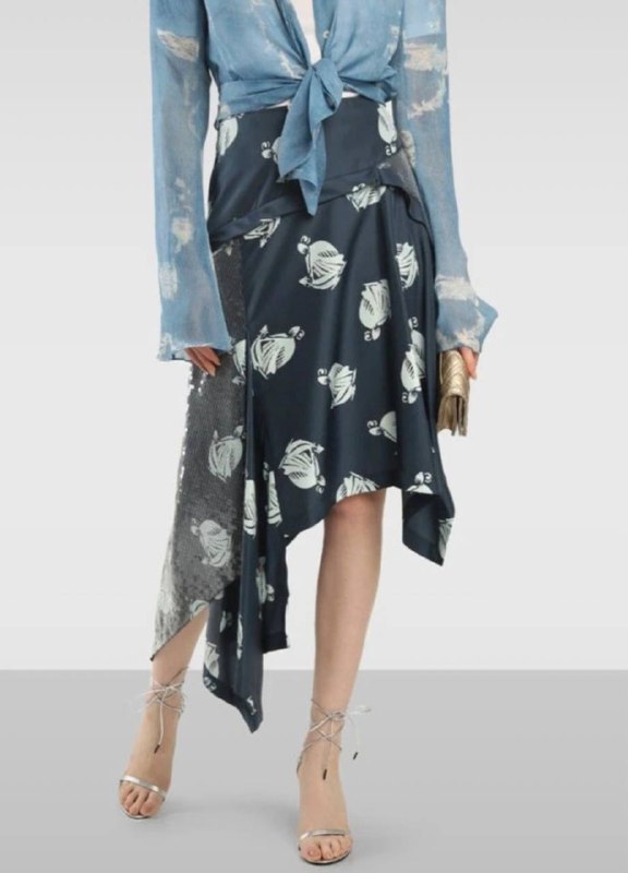 Юбка Lanvin, голубая, асимметрия, пайетки, 100% шёлк