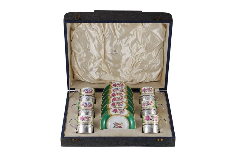Кофейный сервиз Grosvenor China (6 пар) + 6 подстаканников Barker Brothers